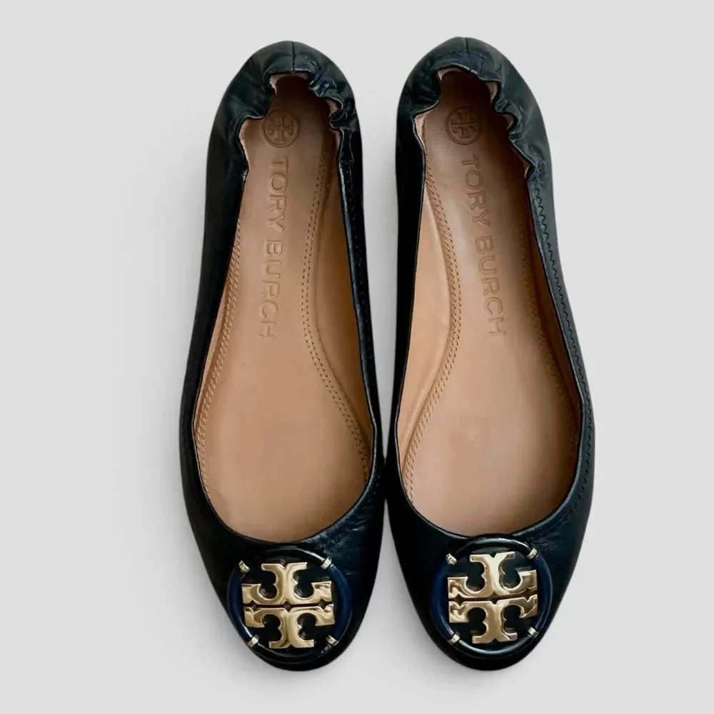 Tory Burch Multi-Logo Ballet Flat Black Leather Size 6.5